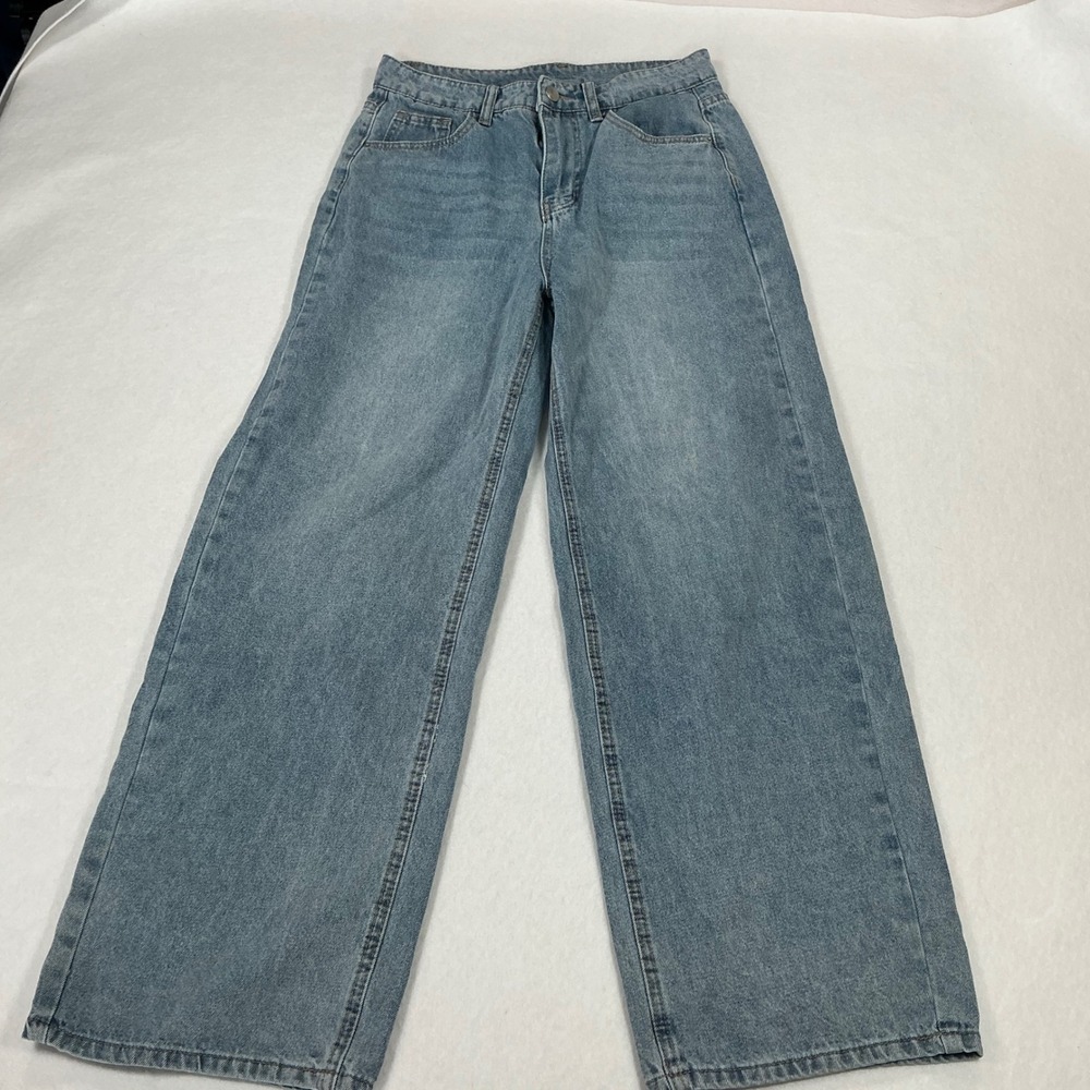 Dazy Wide Leg Jeans Womens Medium Light Wash Two Tone Contrast Pocket High Rise